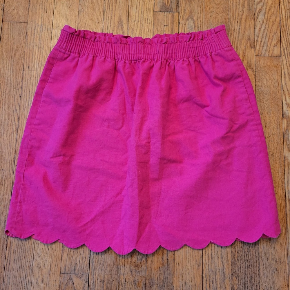 J Crew 8 Mini Paper Bag Waist Skirt Pink Scalloped Hem Linen Pockets‎ Barbiecore